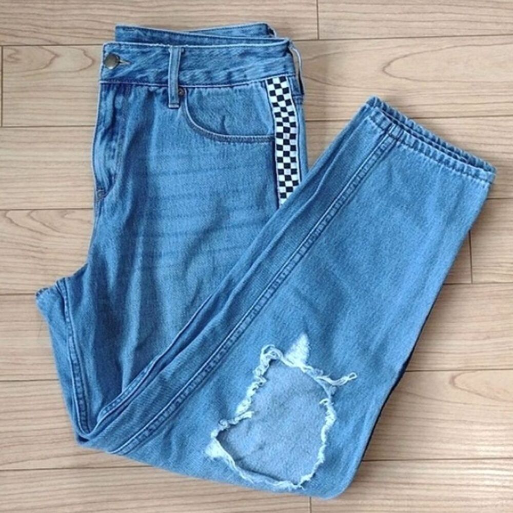 Empyre Eileen Mom Jeans Distressed with Checkered Striping Size 7